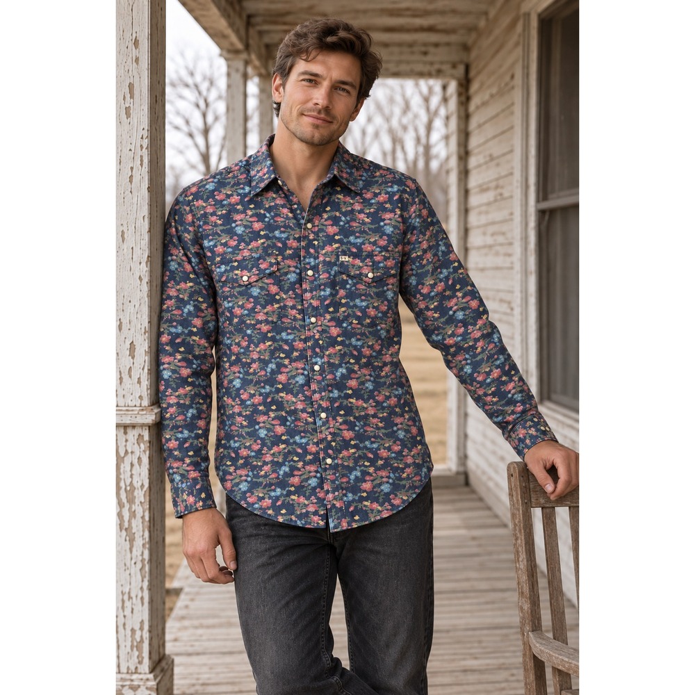 Salt Valley Western Floral Chambray Pearl Snap Shirt L Prairie Cowboy